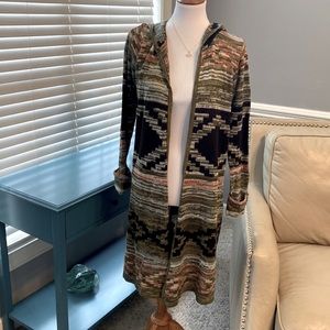 Hooded, longer length, lightweight cardigan